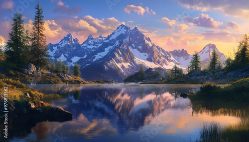 Nature Bliss: A serene mountain landscape with a lake reflecting the snowy peaks at sunrise