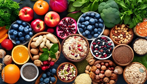 Vibrant bounty of health foods featuring fruits, vegetables, pulses, herbs, nuts, and grains rich in antioxidants and vital nutrients for optimal fitness and wellness.