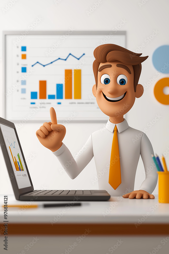 3D cartoon illustration of a businessman showing charts on a laptop screen. Financial advisor concept 3D cartoon illustration of a businessman showing charts on a laptop screen. Financial advisor concept