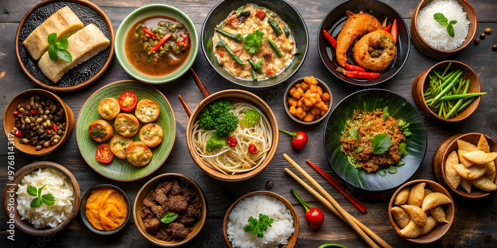 Top view of assorted Asian food in different bowls , Asian cuisine, rice dishes, noodles, dumplings, stir fry, sushi, miso soup Top view of assorted Asian food in different bowls , Asian cuisine, rice dishes, noodles, dumplings, stir fry, sushi, miso soup
