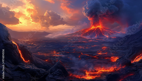  Erupting volcano close up with flowing lava and magma