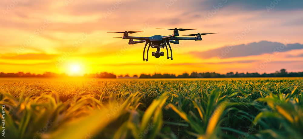 Drone flying over a field. Modern agriculture