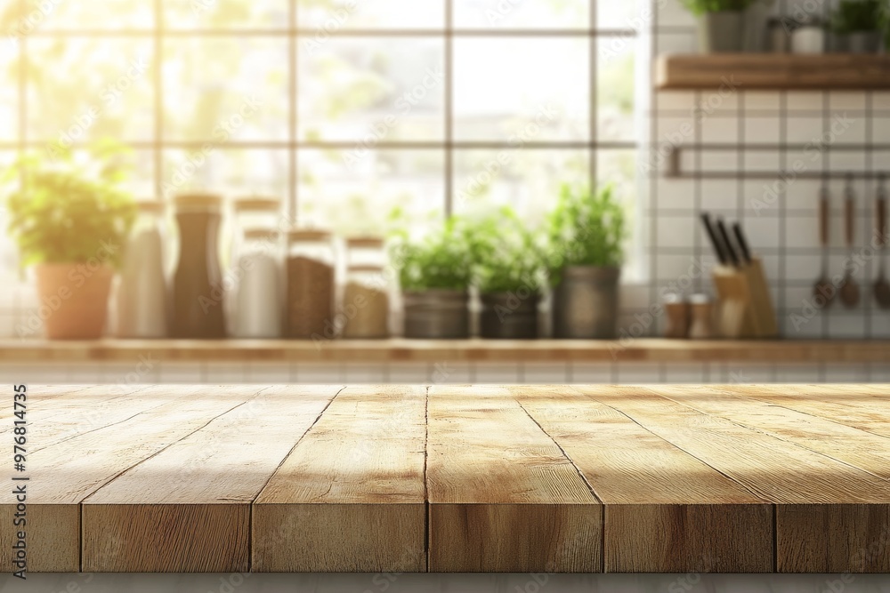 Empty Wooden Tabletop in a Sunny Kitchen Empty Wooden Tabletop in a Sunny Kitchen