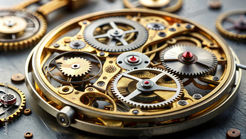 Close-up of disassembled watch mechanism, disassembled, watch, mechanism, gears, metal, parts, timepiece, clockwork