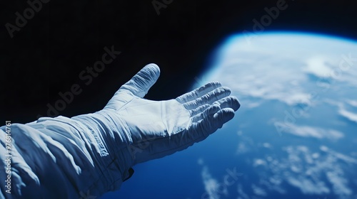 Astronaut Hand Floating in Space: A gloved astronaut hand floating in the vacuum of space, with the Earth visible in the distance. 
