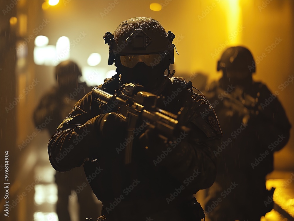 SWAT team stealthily moves through dark streets SWAT team stealthily moves through dark streets