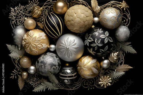 Golden silver Christmas deco on black background