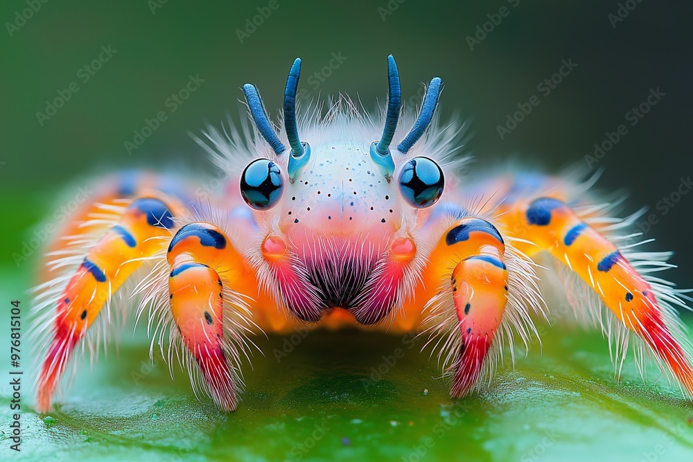 A colorful crab with blue eyes stares at the camera. The crab has a red and blue striped body and is sitting on a green leaf