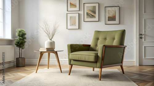 Mid-century modern armchair in olive green fabric