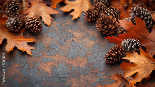 autumnal background with brown leaves and pine cones photo