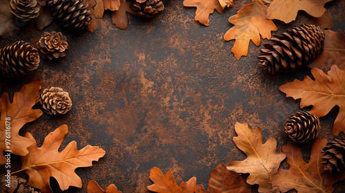 autumnal background with brown leaves and pine cones photo