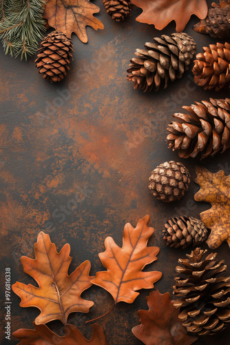 autumnal background with brown leaves and pine cones photo