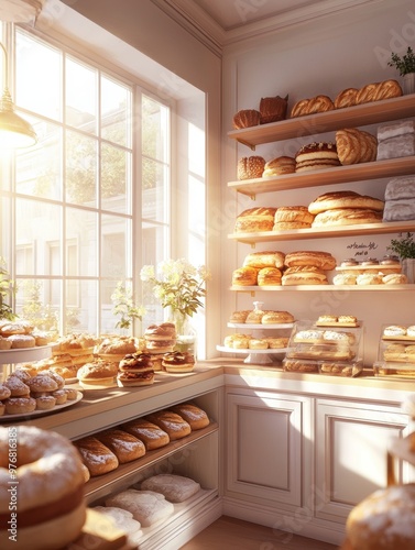 Corner bakery with pastries and sunlight

