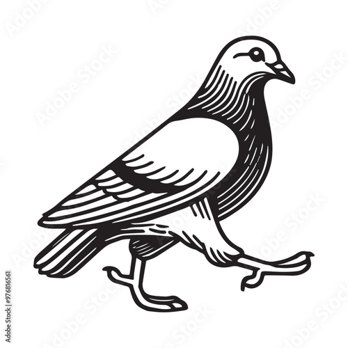 Domestic pigeon Outline Clipart -  Columbidae Bird Vector illustration in black and white 