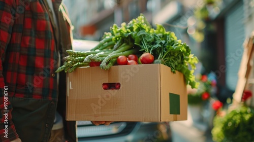 Cardboard box full of vegetables in the hands of a supplier, ready to be sent to a customer photo