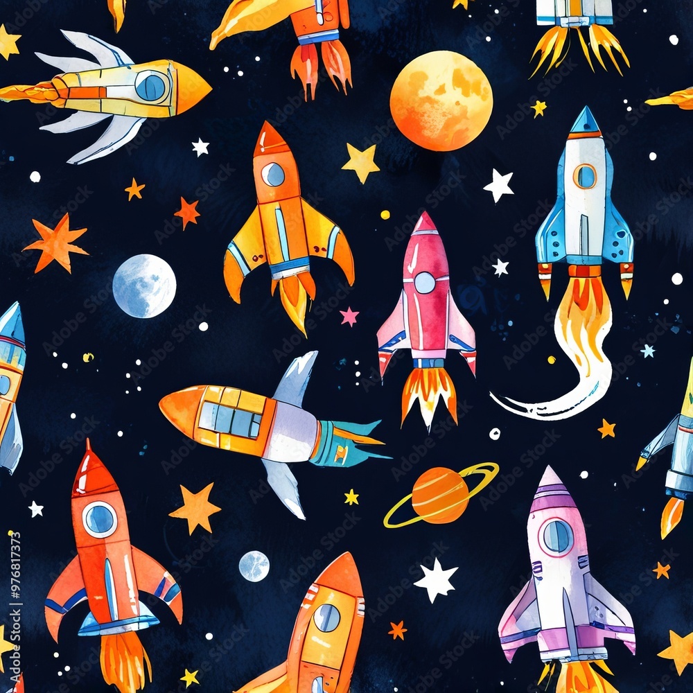 Watercolor seamless pattern with images of space rockets. World Space Week. Watercolor seamless pattern with images of space rockets. World Space Week.