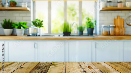 Wood table top on blurred kitchen background. can be used mock up for montage products display or design layout