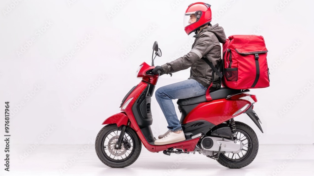 Courier on scooter with parcel bag isolated on white background Courier on scooter with parcel bag isolated on white background