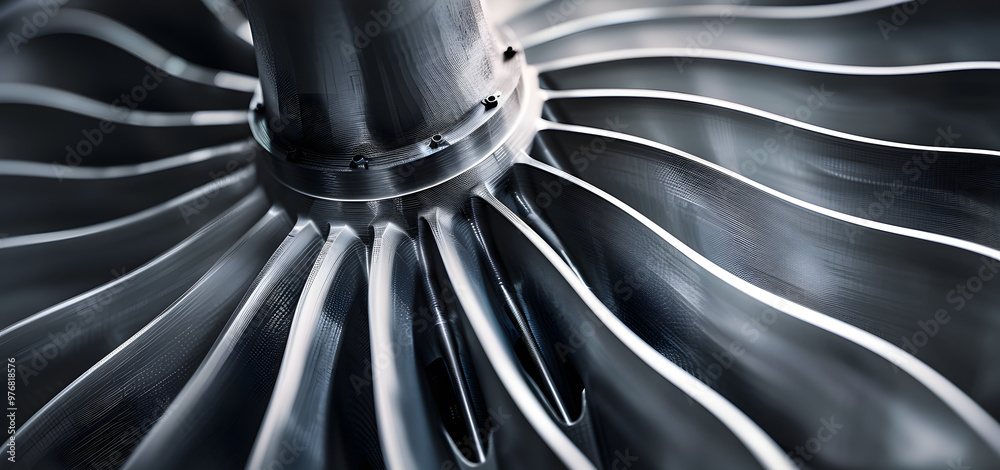 Steel blades of turbine propeller 3D printing. Close-up view. In B/W. Selected focus on foreground Steel blades of turbine propeller 3D printing. Close-up view. In B/W. Selected focus on foreground