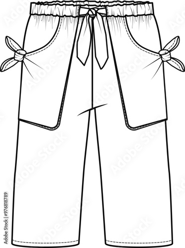 Girl child trousers technical drawing vector illustration. Fashion clothing flat sketch. Pants template