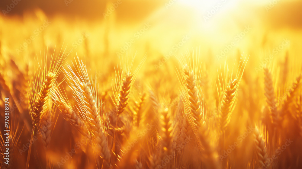Golden wheat field under the bright sun at sunset creating a warm, vibrant atmosphere in the countryside landscape Golden wheat field under the bright sun at sunset creating a warm, vibrant atmosphere in the countryside landscape
