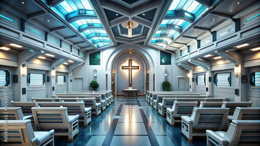 Interior of a futuristic and spacious church in a space hotel, futuristic, church Interior of a futuristic and spacious church in a space hotel, futuristic, church