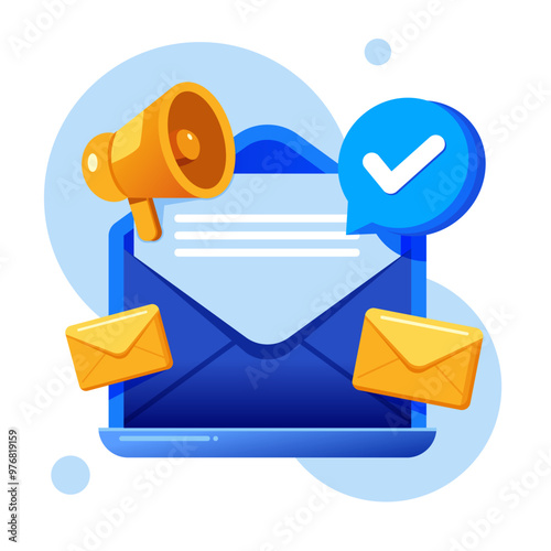 Vector illustration of an open envelope with a megaphone and mail icons, symbolizing newsletter subscription and digital communication. Perfect for email marketing, website forms, and online campaigns