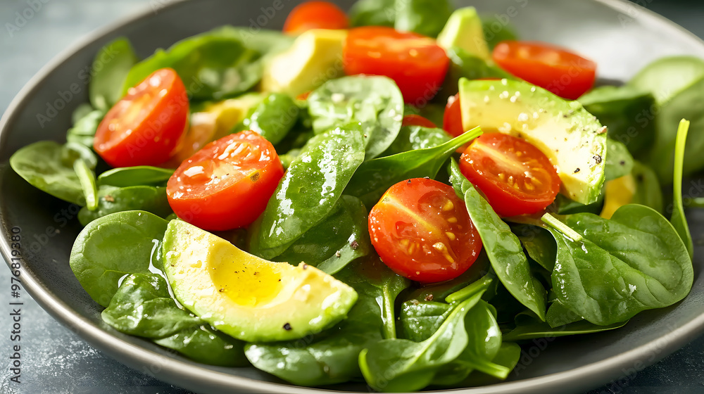 fresh spinach salad tossed with avocado, cherry tomatoes, and a light olive oil fresh spinach salad tossed with avocado, cherry tomatoes, and a light olive oil