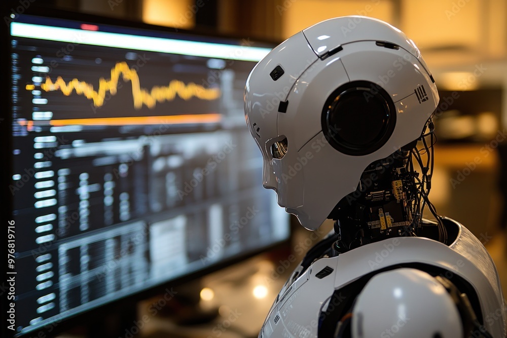 Fototapeta premium A White Robot Looking at a Computer Screen Showing a Stock Chart