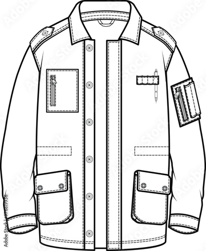 Shirt jacket fashion technical drawing. Denim Jacket design template vector illustration. Canvas top clothing flat sketch.