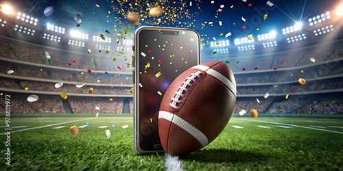 Mobile phone displaying sports betting app with football field background, confetti, and football s, betting, sports, mobile phone