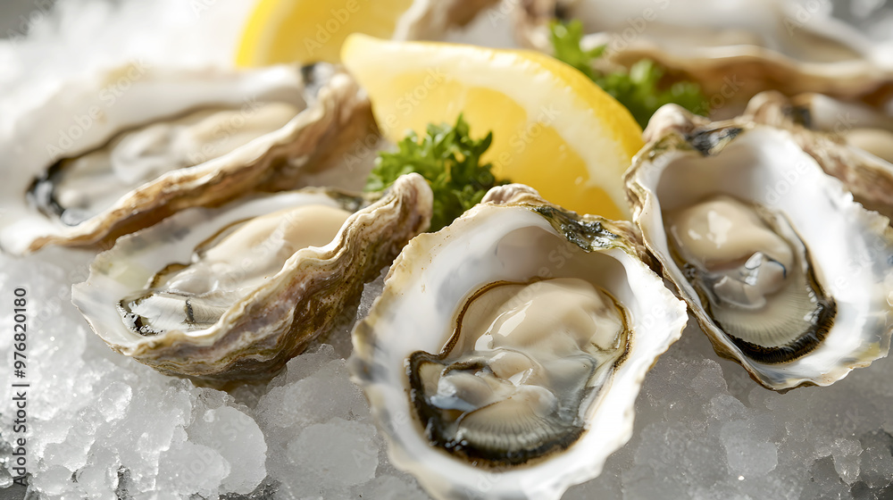 Freshly shucked oysters served on a bed of crushed ice, with lemon wedges and a side of mignonette Freshly shucked oysters served on a bed of crushed ice, with lemon wedges and a side of mignonette