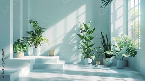 A pale blue interior of a modernist residence with lush plants and shining