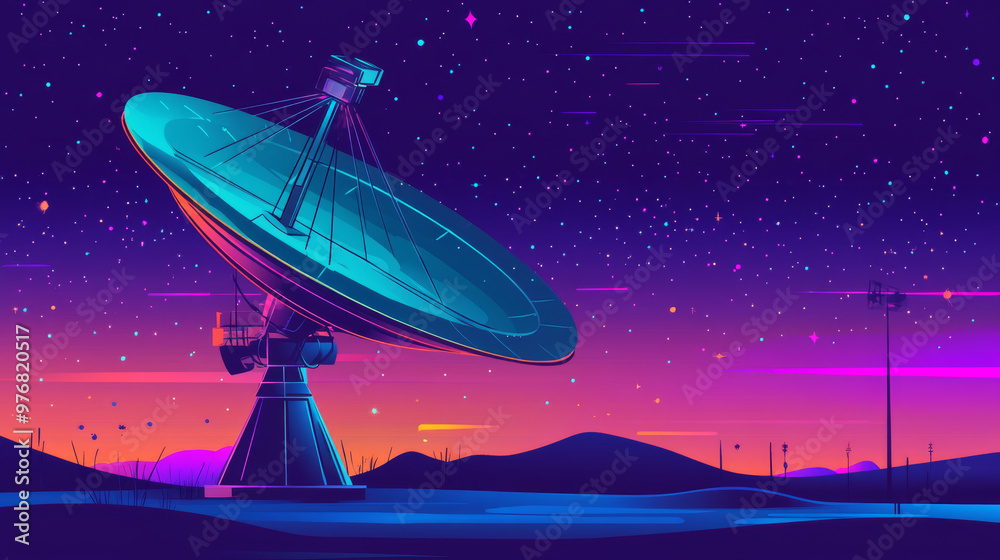 A large satellite dish transmits and receives signals from space, used for satellite TV and radio broadcasting. The radio signal propagates waves across space, depicted with a linear technological. A large satellite dish transmits and receives signals from space, used for satellite TV and radio broadcasting. The radio signal propagates waves across space, depicted with a linear technological.