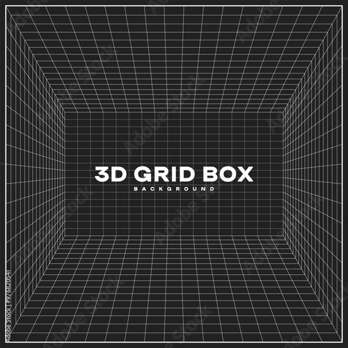 3D grid box background with white lines on a black surface, creating a futuristic and geometric perspective. Perfect for technology, virtual reality, or modern abstract designs.