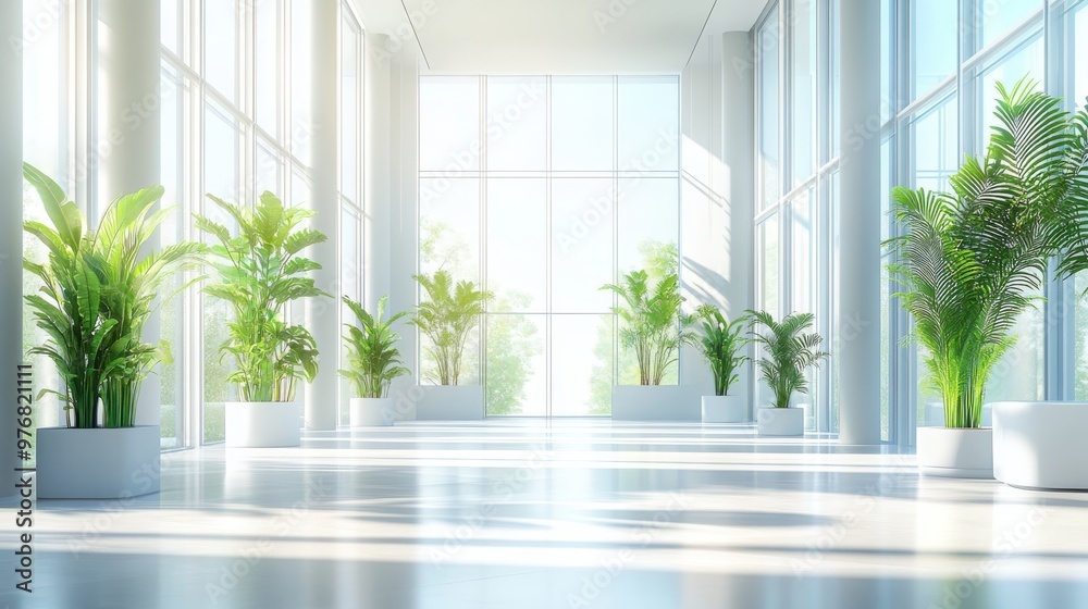 Fototapeta premium Modern Office Lobby With Large Windows And Plants