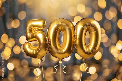 Helium floating golden balloons of number 500. Celebration of five hundred followers or likes in social media concept	
