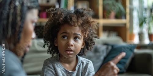 A young girl looks at her parent with a concerned expression. AI.