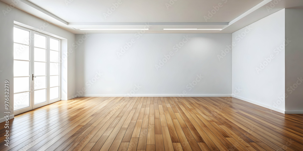 Fototapeta premium White empty room with wooden floor for product display, white, empty, room, product display, concepts, wooden floor