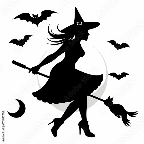 Witch with a broom and kitty fly on a broom. Vector illustrations of a Halloween silhouette witch and a cat flying on a broomstick  silhouette on a white background 