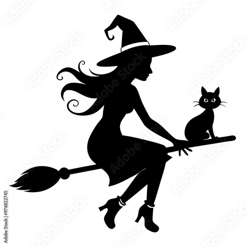 Witch with a broom and kitty fly on a broom. Vector illustrations of a Halloween silhouette witch and a cat flying on a broomstick  silhouette on a white background 