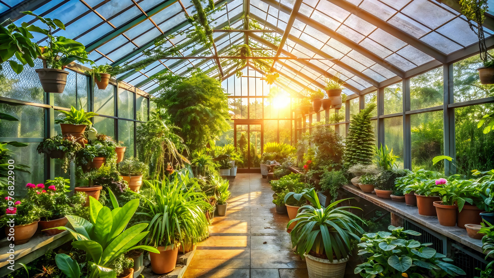 Greenhouse filled with lush plants under bright sunlight , greenery, botany, flora, natural light Greenhouse filled with lush plants under bright sunlight , greenery, botany, flora, natural light