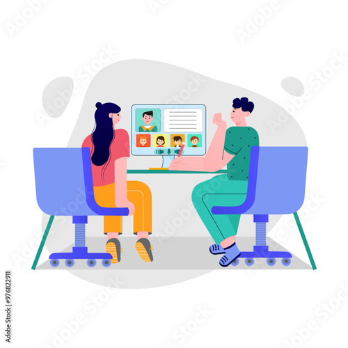 Online teaching by a male or female private teacher with a computer, behind the desk and from the front view