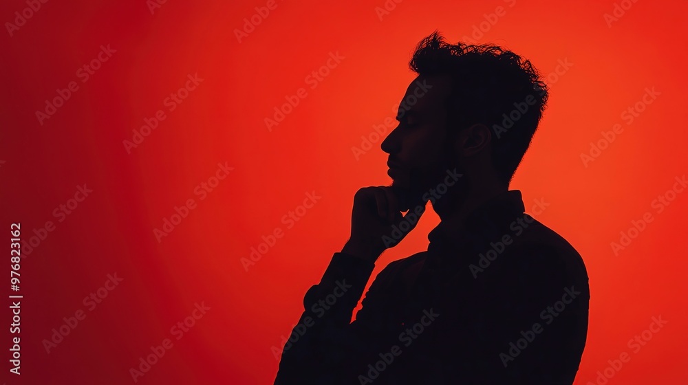 Silhouette of a pensive man against a red background Silhouette of a pensive man against a red background