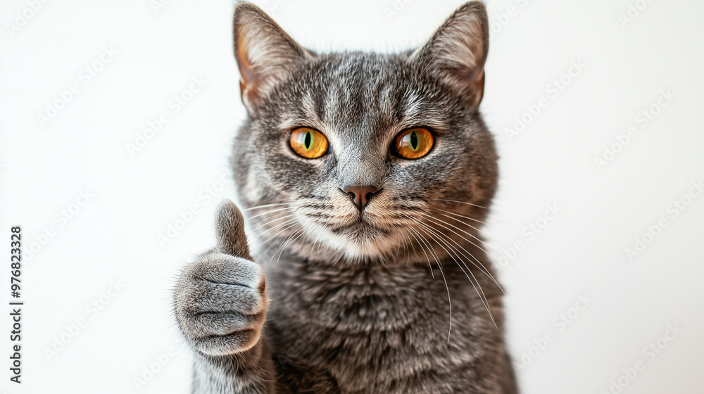 A gray cat giving a thumbs up, isolated on a white background A gray cat giving a thumbs up, isolated on a white background