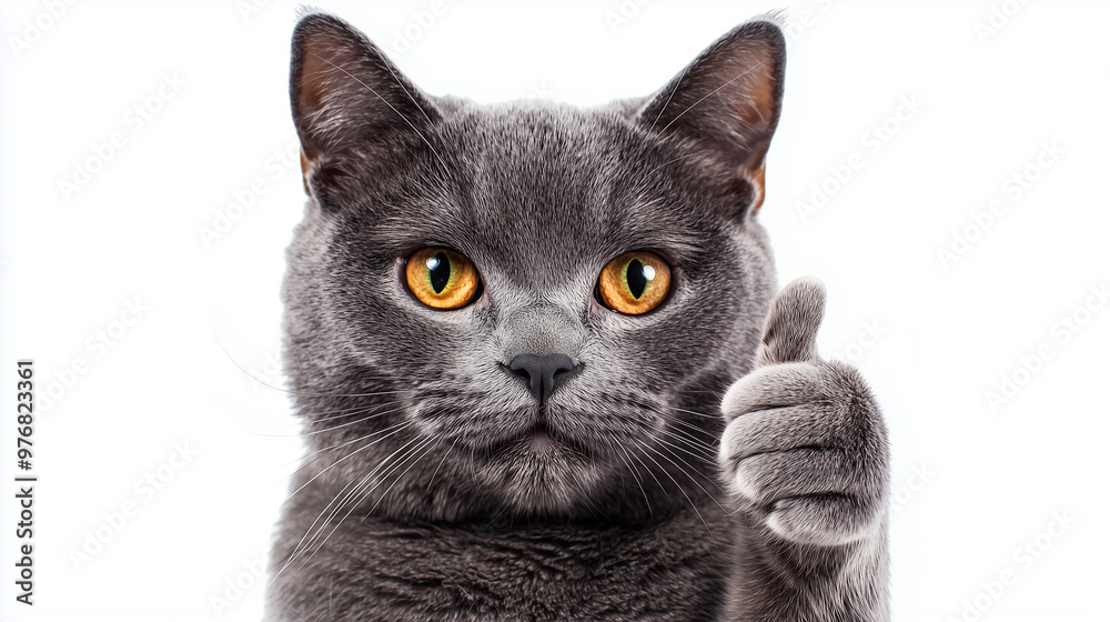 Fototapeta A gray cat giving a thumbs up, isolated on a white background
