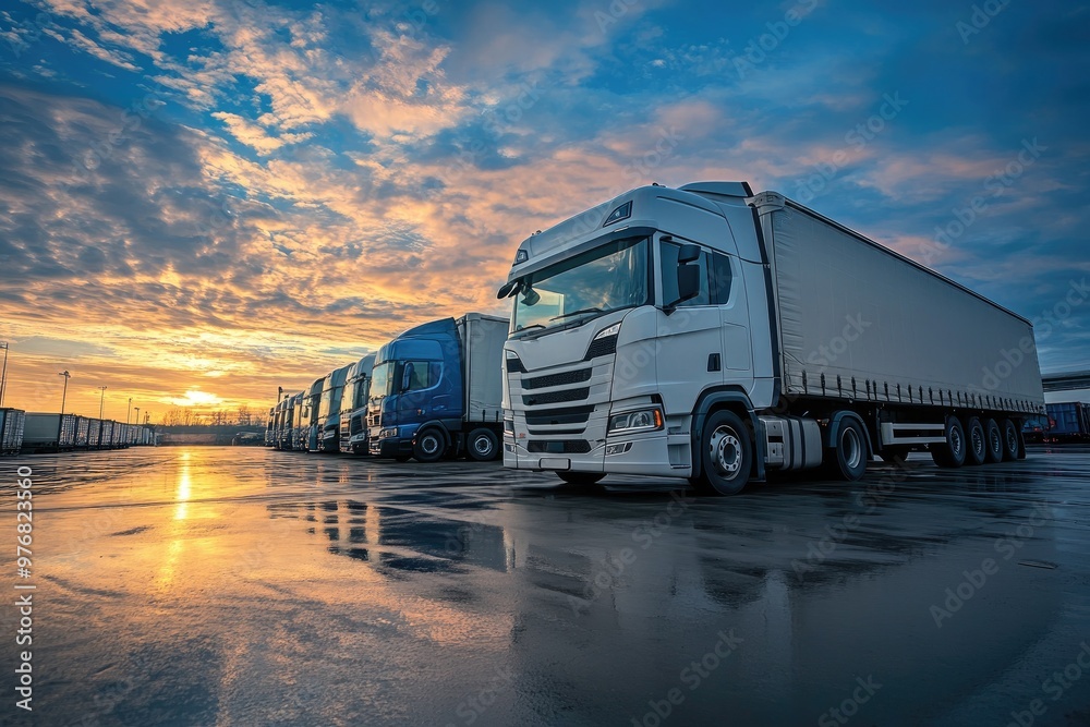 Fleet of White Trucks Parked at Sunset Fleet of White Trucks Parked at Sunset