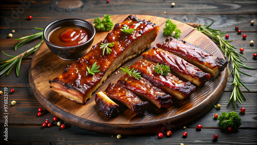 Delicious smoked pork spareribs glazed in BBQ sauce , American style, pork ribs, ribs, smoked, spareribs, BBQ, sauce photo