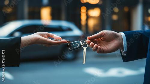 A woman's hand gracefully extends, offering a car key to a male valet near a brightly lit valet parking sign in the bustling downtown cityscape. The valet, dressed smartly in his uniform, reaches out  photo