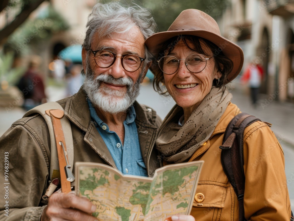 Fototapeta premium Happy couple looking at a map on their travels. AI.